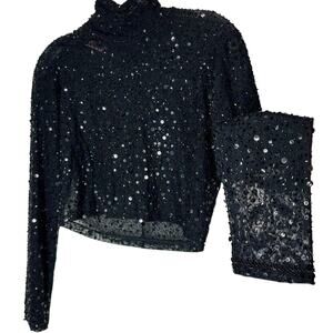 Dyspnea Sheer Black Sequin Mesh Mock Neck Long Sleeve Crop Top Hand Beaded Small